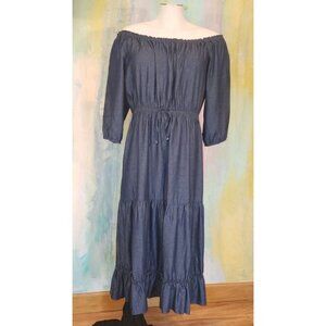 Blue Chambray Denim LONG Dress Jean Tiered Ruffled 2XL plus COWGIRL WESTERN